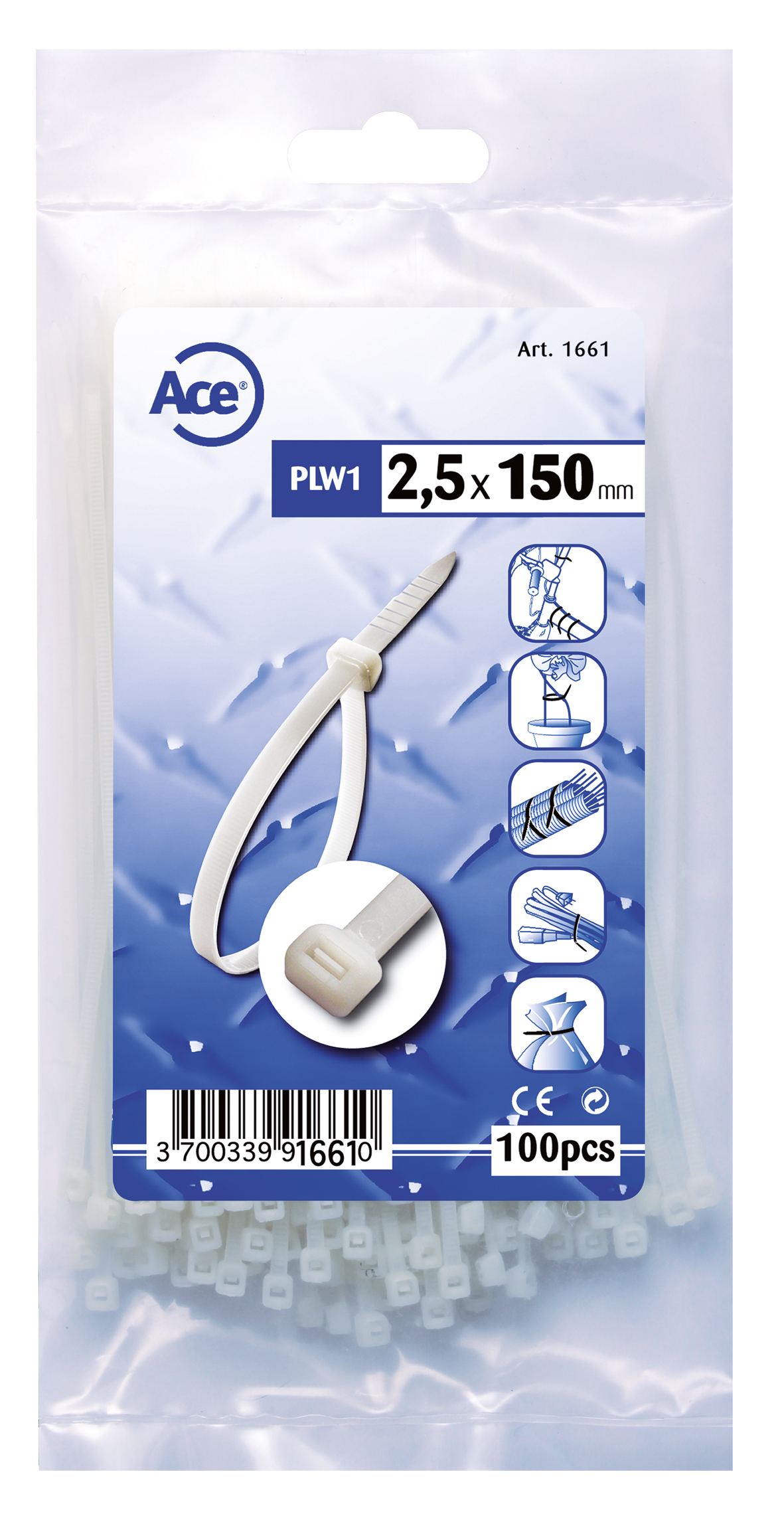 Sachet 100 liens nylon blanc 2,5 x 100mm